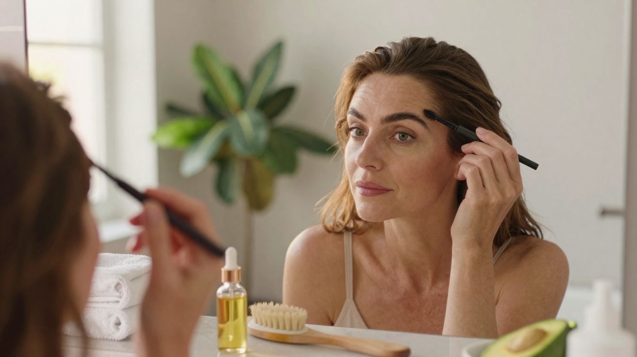 Kobieta malująca brwi przed lustrem w łazience, na blacie olejek, szczotka i awokado.