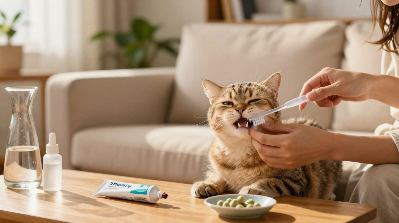 Osoba myje zęby kota szczoteczką, kot siedzi na stole w salonie obok tubki pasty i miseczki z tabletkami.