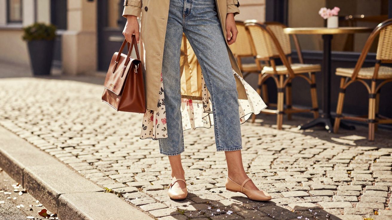 Kobieta w beżowym trenczu, jeansach i beżowych balerinach trzyma brązową torebkę na brukowanym chodniku.