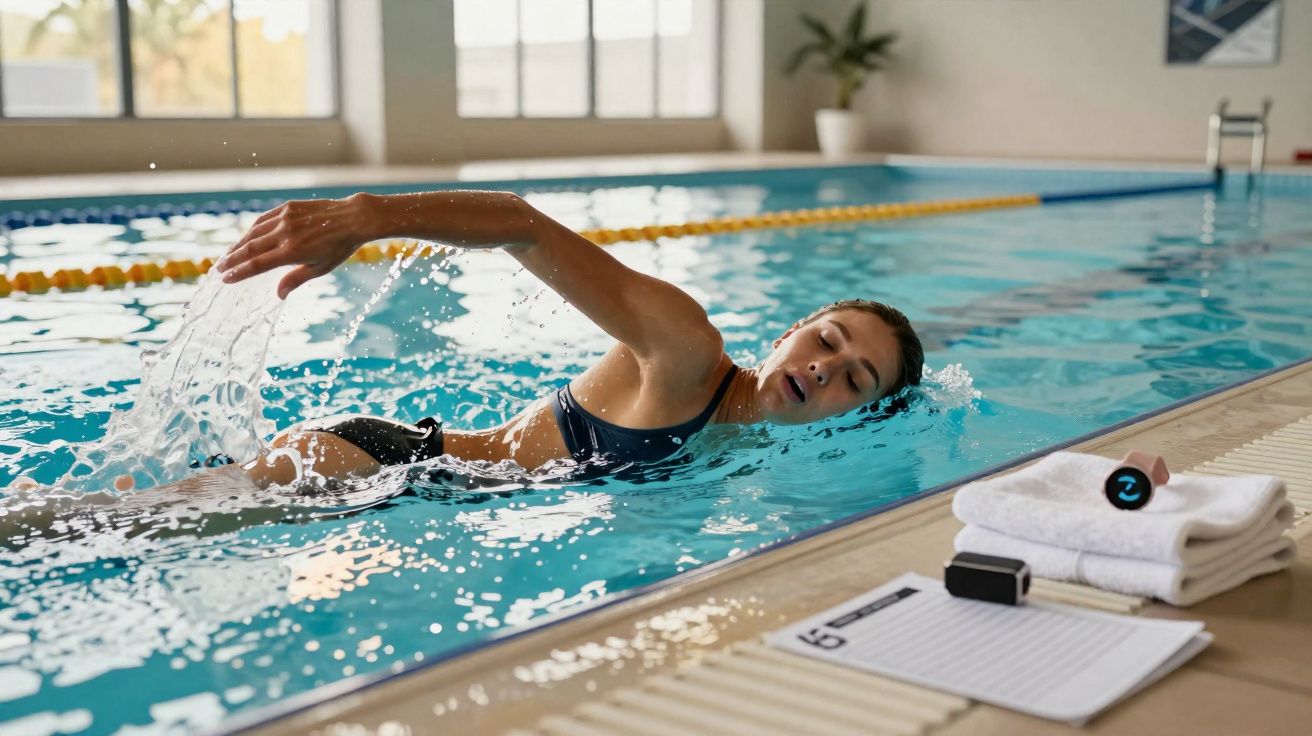 Kobieta pływająca kraulem na basenie krytym, ręka unosząca wodę, obok ręcznik i lista przy basenie.