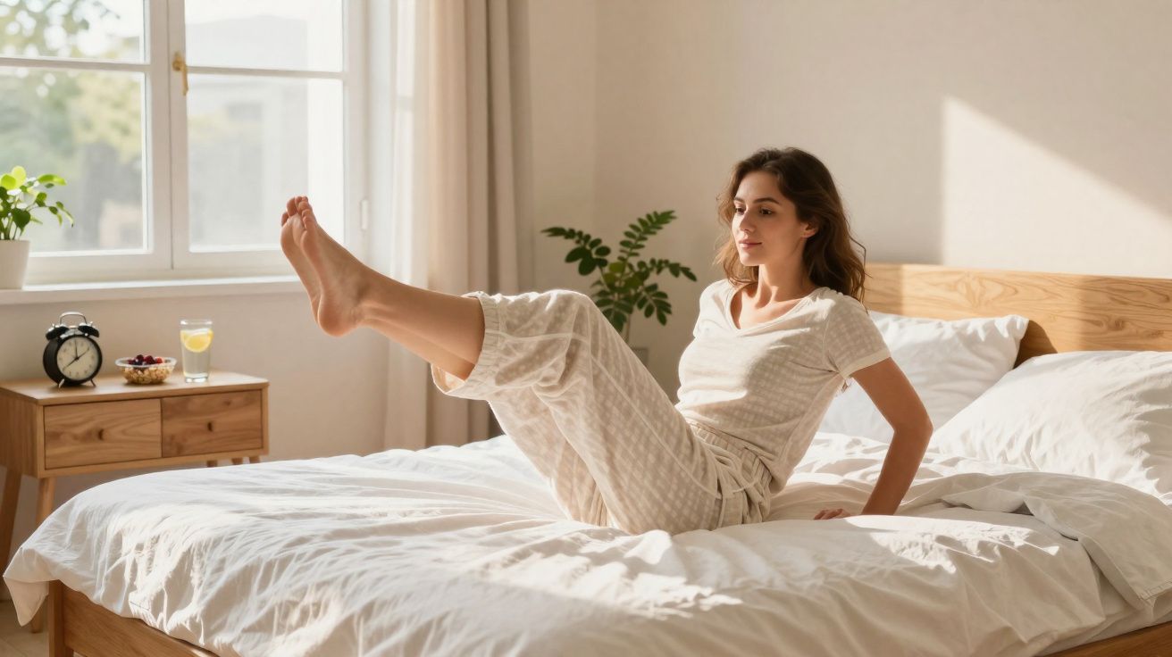 Młoda kobieta w piżamie ćwiczy na łóżku w jasnej, słonecznej sypialni z drewnianymi meblami.