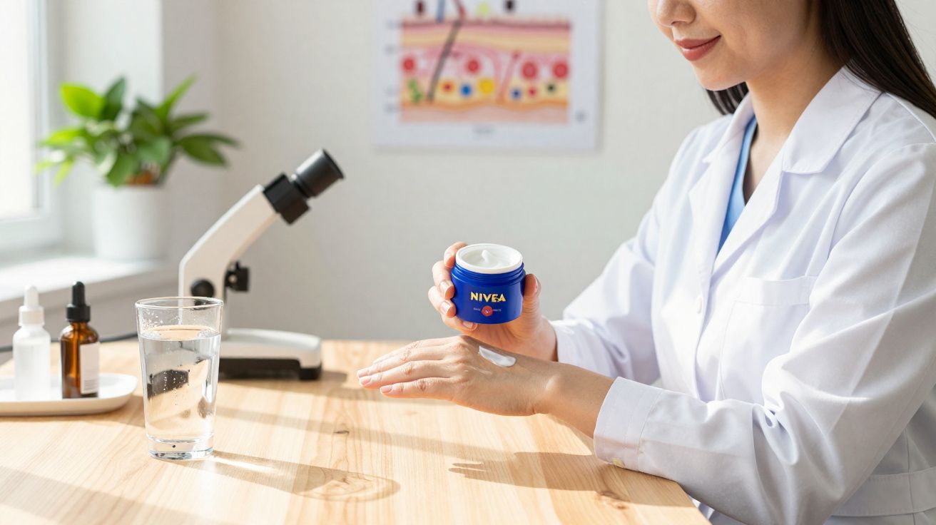 Kobieta w białym fartuchu nakłada krem Nivea na rękę przy stole z mikroskopem i szklanką wody.