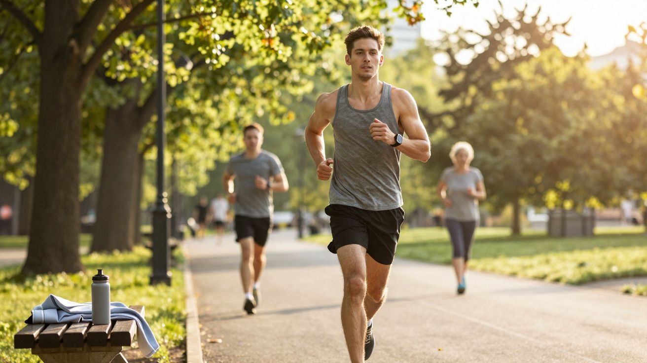 Mężczyzna w sportowym ubraniu biegnie po parku, za nim dwie osoby trenują jogging, słoneczny dzień.