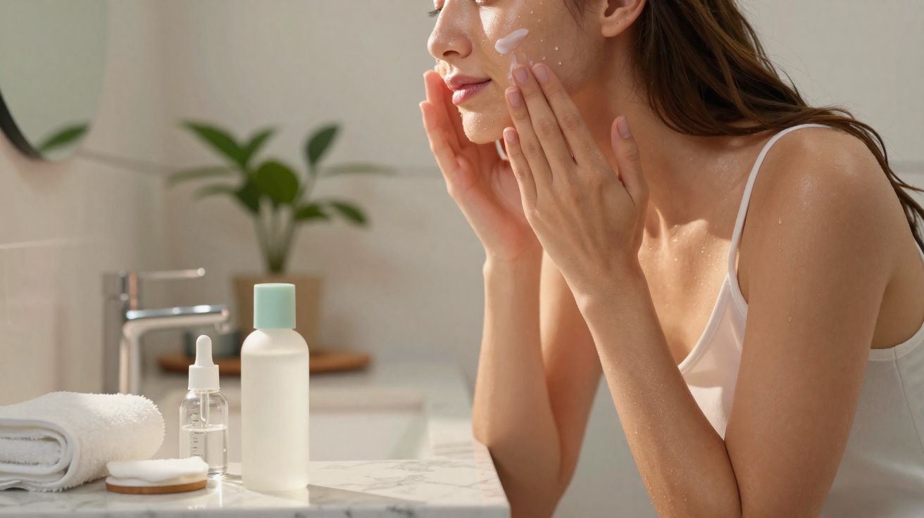Kobieta nakłada krem nawilżający na twarz stojąc przy umywalce w jasnej łazience.