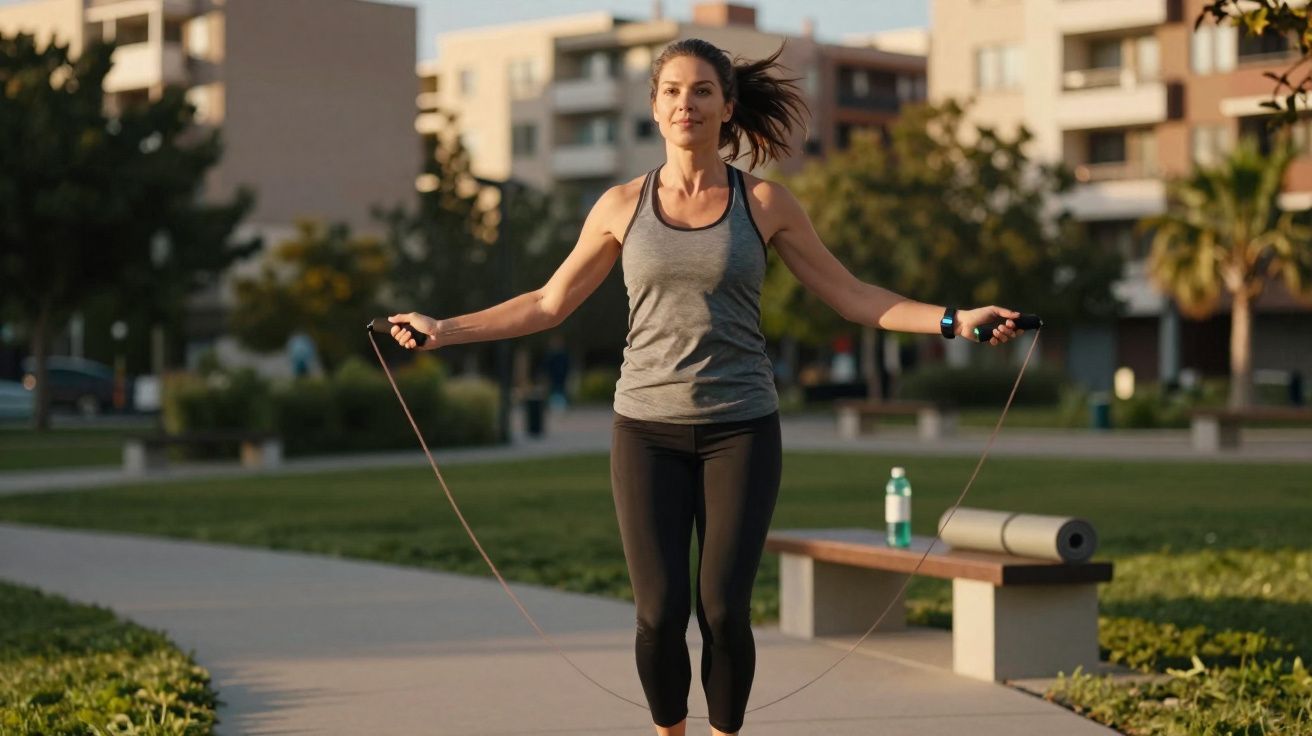 Kobieta ćwiczy skakankę na zewnątrz w parku w słoneczny dzień, obok ławka z butelką wody i matą.