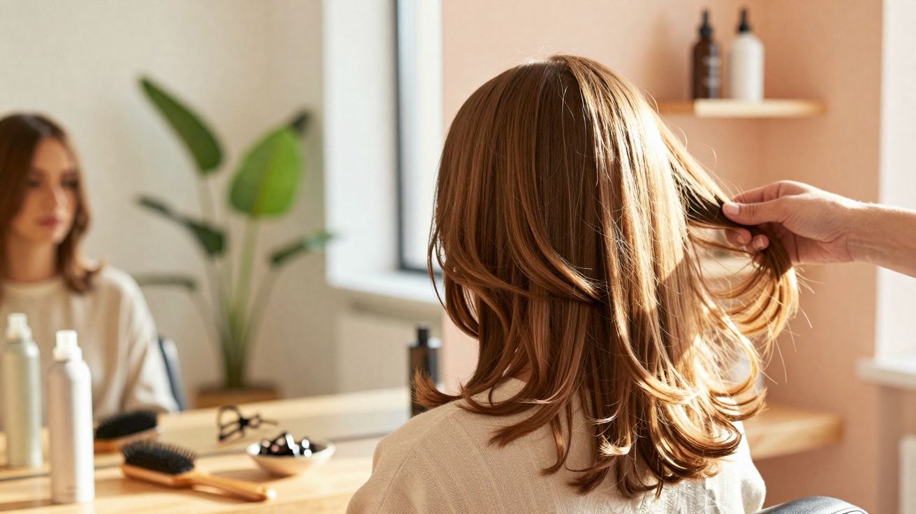 Kobieta siedzi w salonie fryzjerskim, fryzjer dotyka jej zdrowych, lśniących włosów.