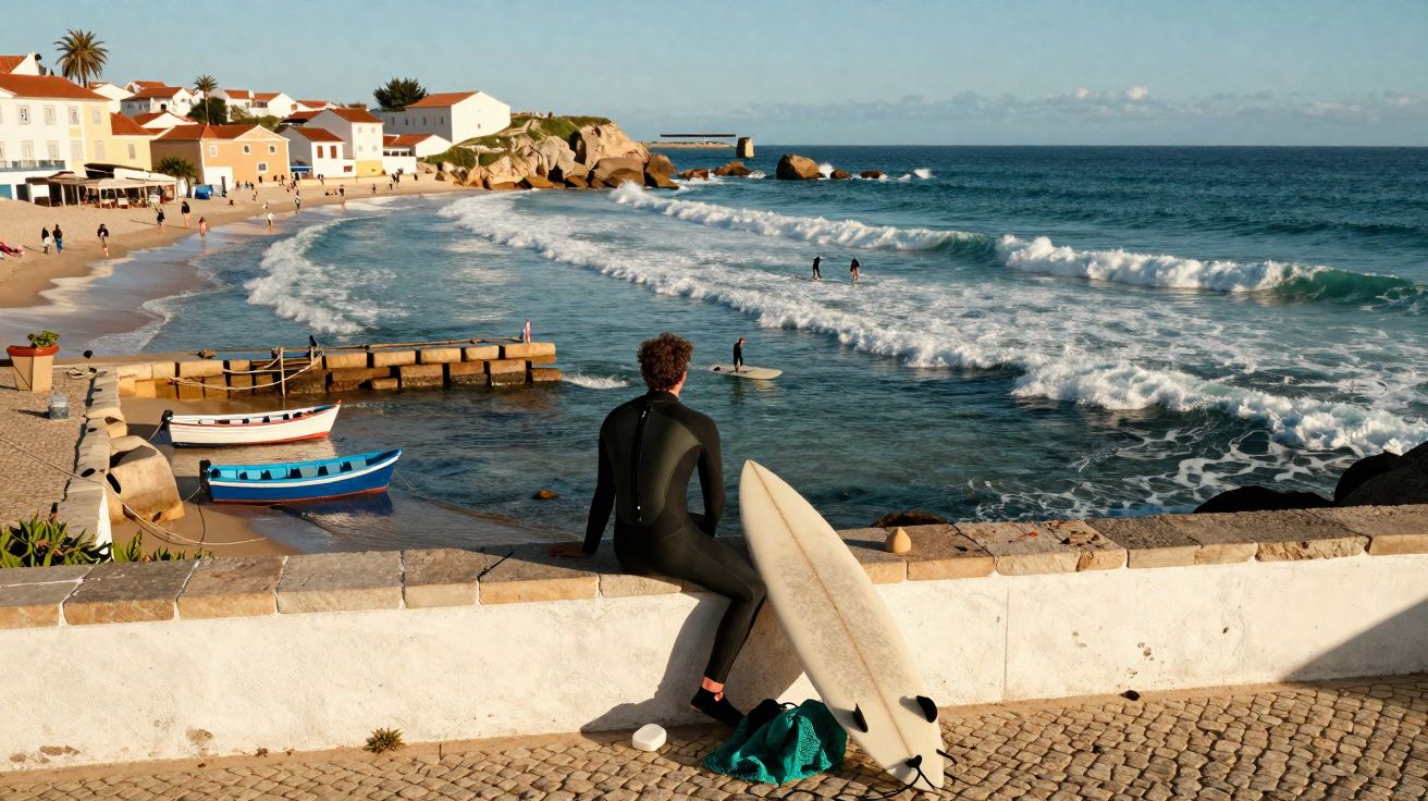 Mężczyzna w piance z deską surfingową siedzi na murze i patrzy na plażę i rozbijające się fale.