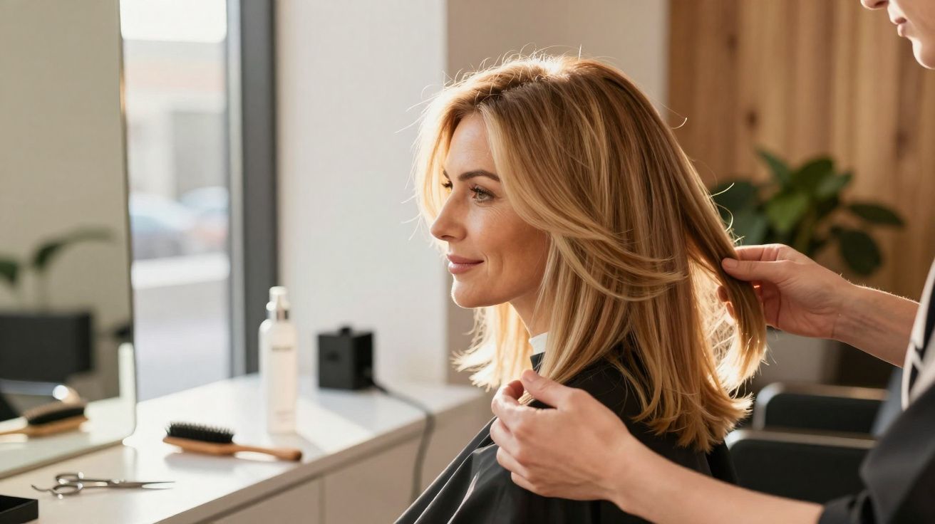 Kobieta z blond włosami siedzi u fryzjera, który układa jej włosy w salonie fryzjerskim.