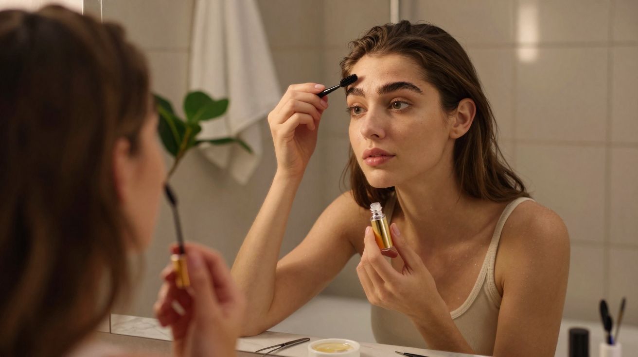 Kobieta nakłada odżywkę do brwi, patrząc w lustro w łazience.