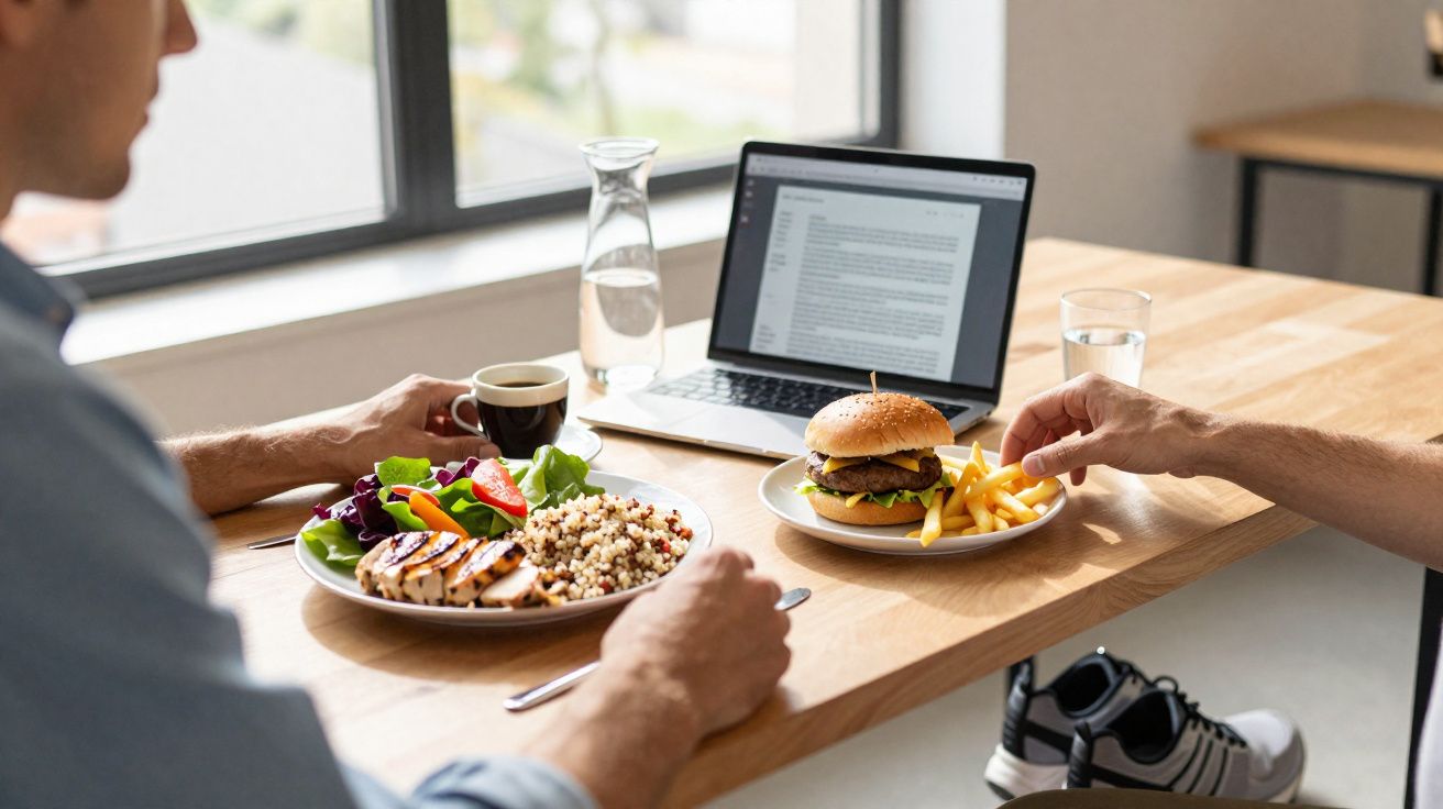 Dwóch mężczyzn je lunch przy stole z laptopem, jedna osoba ma burgera z frytkami, druga kurczaka z sałatką.