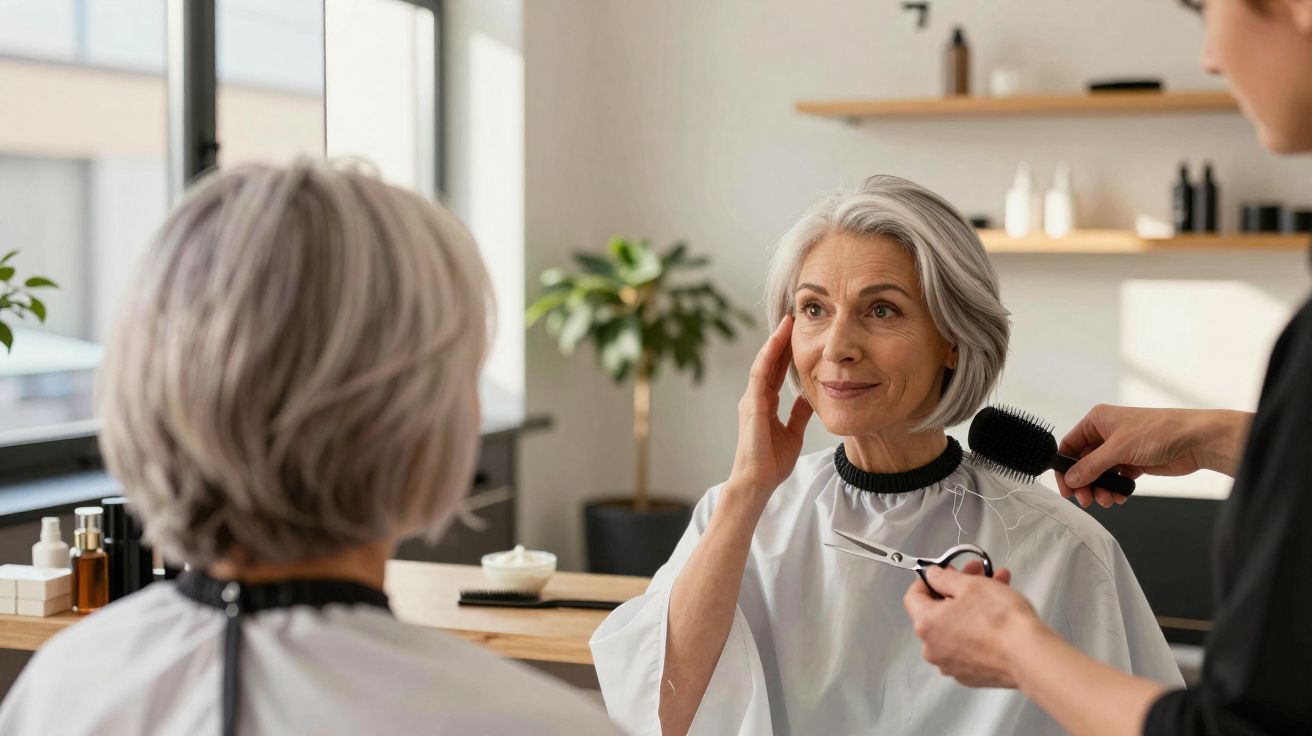 Starsza kobieta siedzi u fryzjera, trzymając dłoń przy twarzy, podczas gdy stylista przygotowuje się do cięcia.