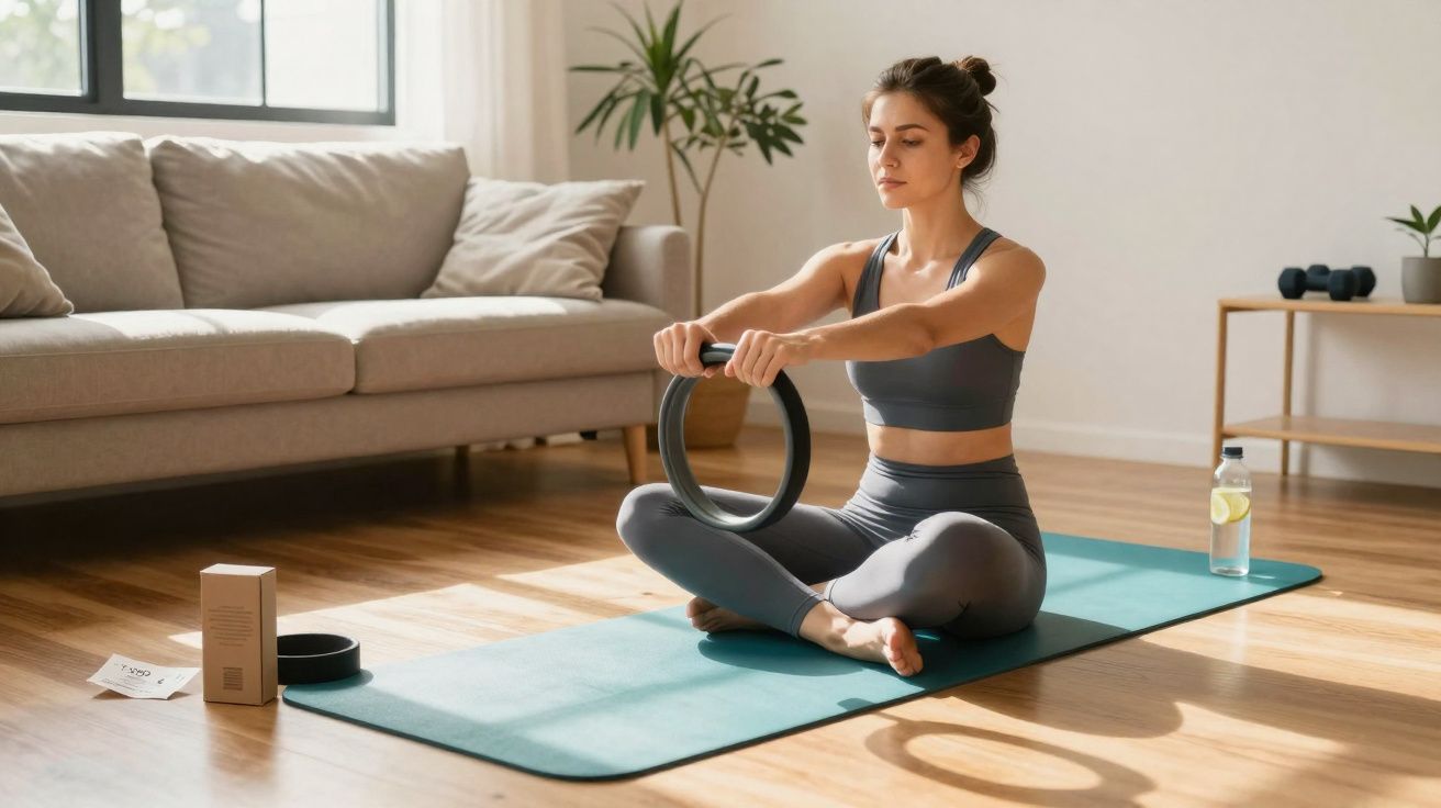 Kobieta ćwiczy jogę na macie w salonie, trzymając plastikowy pierścień fitness.