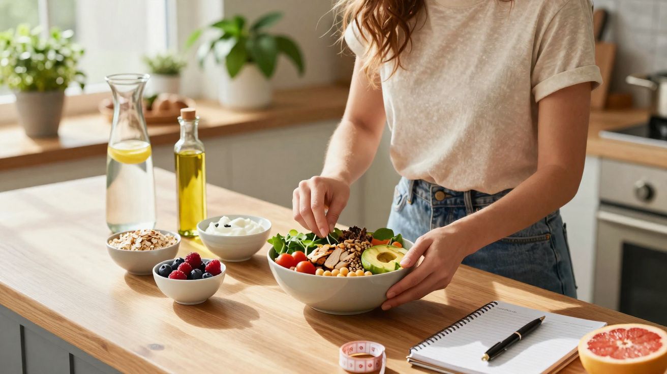 Kobieta przygotowuje zdrową sałatkę z awokado, pomidorami i pestkami w jasnej kuchni.