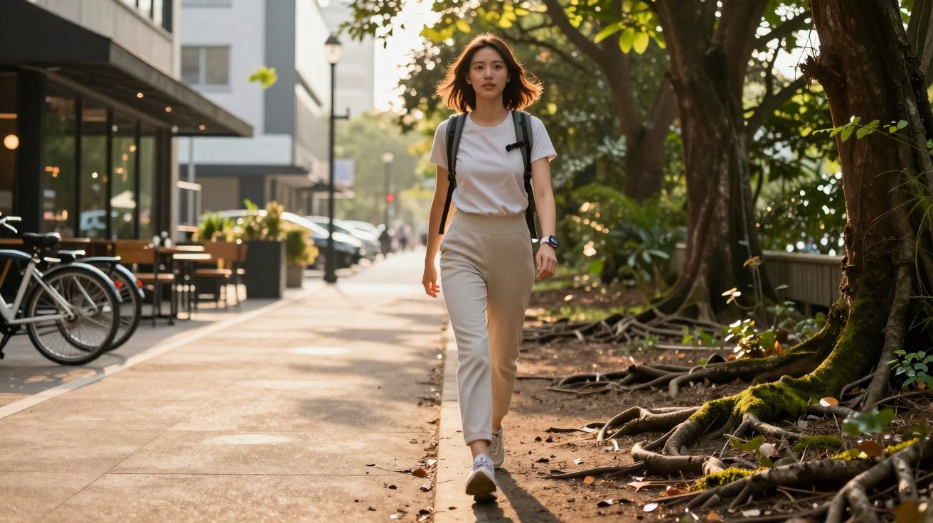 Młoda kobieta z plecakiem idzie chodnikiem obok drzew w miejskim parku oświetlonym słońcem.