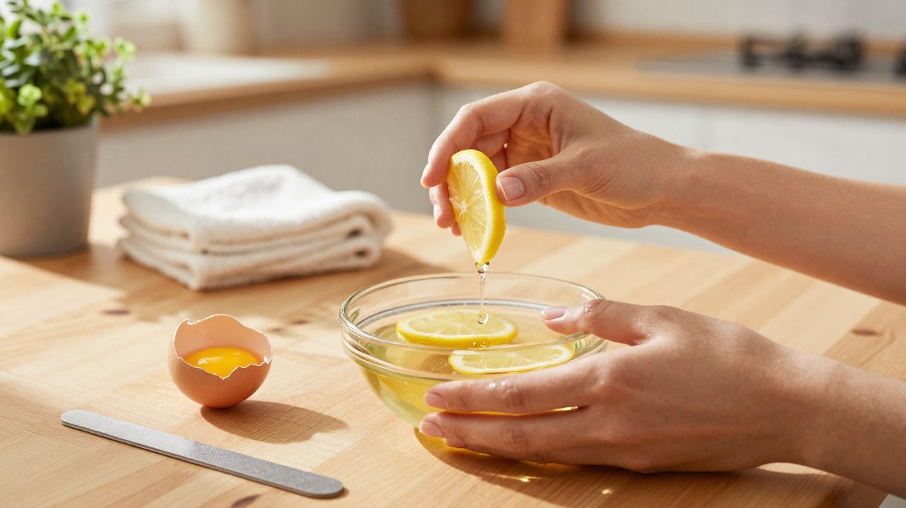 Ręce wyciskające plasterek cytryny do szklanej miski z plasterkami cytryny na drewnianym stole.