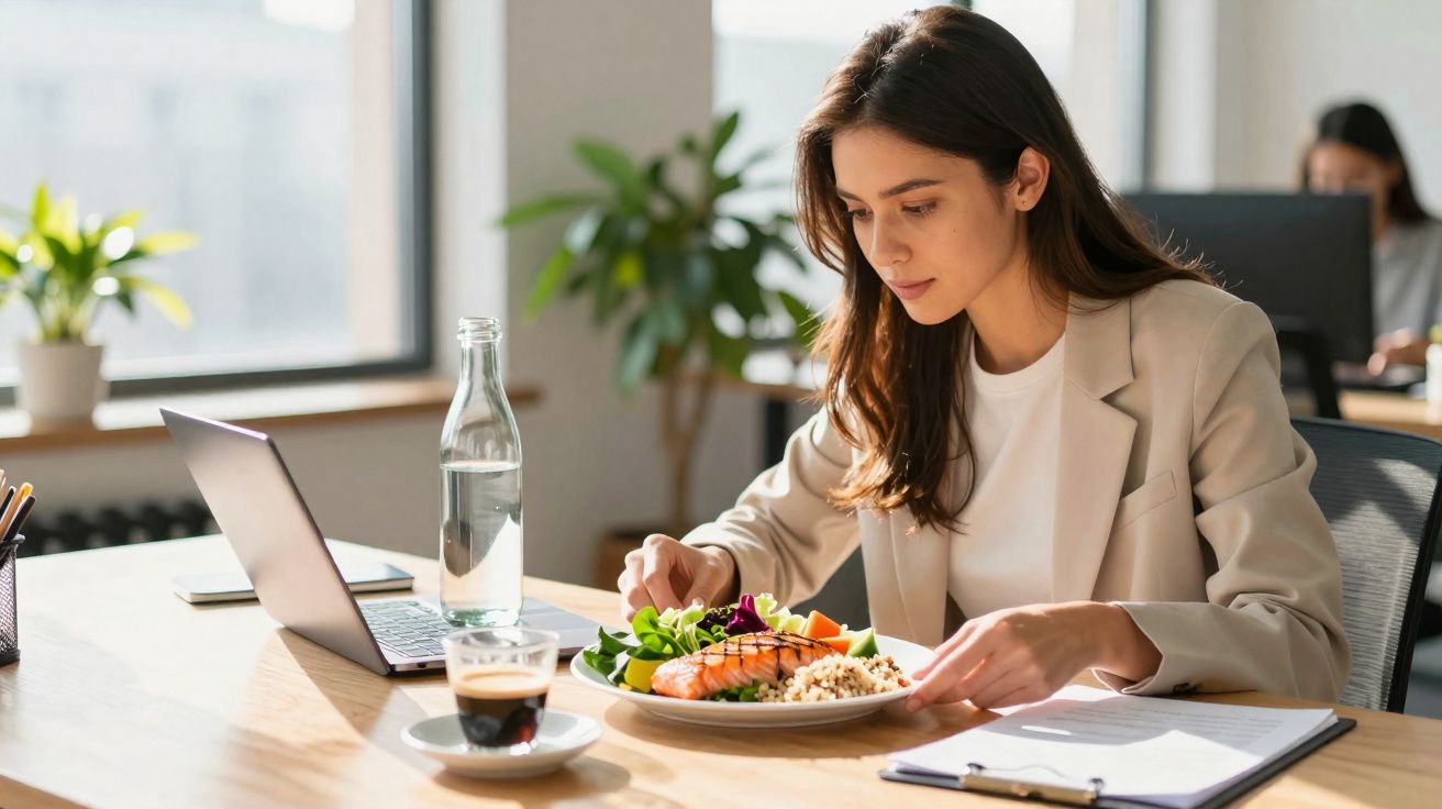 Kobieta jedząca zdrowy lunch przy biurku z laptopem i dokumentami w jasnym biurze.