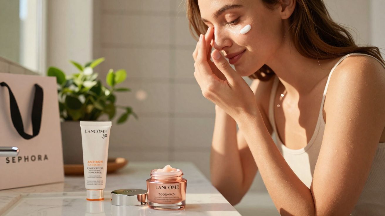 Kobieta nakłada krem na twarz, przy białym blacie z kosmetykami Lancôme i torebką Sephora.