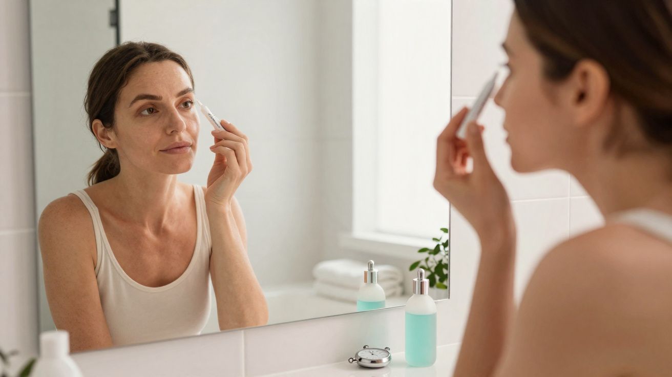 Kobieta nakłada serum pod oczy stojąc przed lustrem w jasnej łazience.