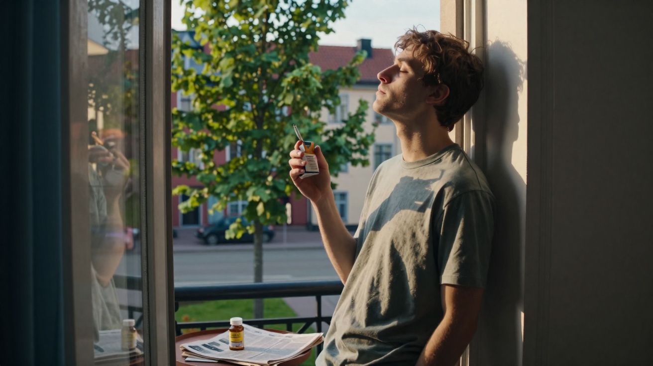 Mężczyzna stojący przy oknie, trzymający inhalator, wpatrzony w światło słoneczne na zewnątrz.