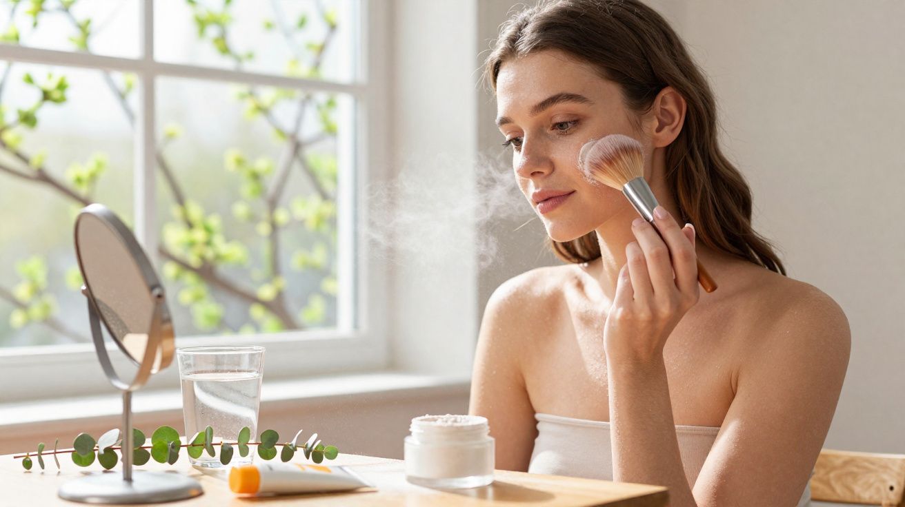 Młoda kobieta nakłada pudrowy makijaż pędzlem, siedząc przy oknie z lustrem i kosmetykami.