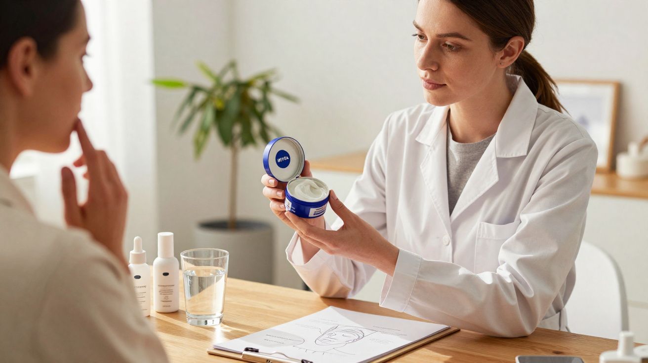 Kosmetolog pokazuje krem do twarzy klientce podczas konsultacji w gabinecie dermatologicznym.