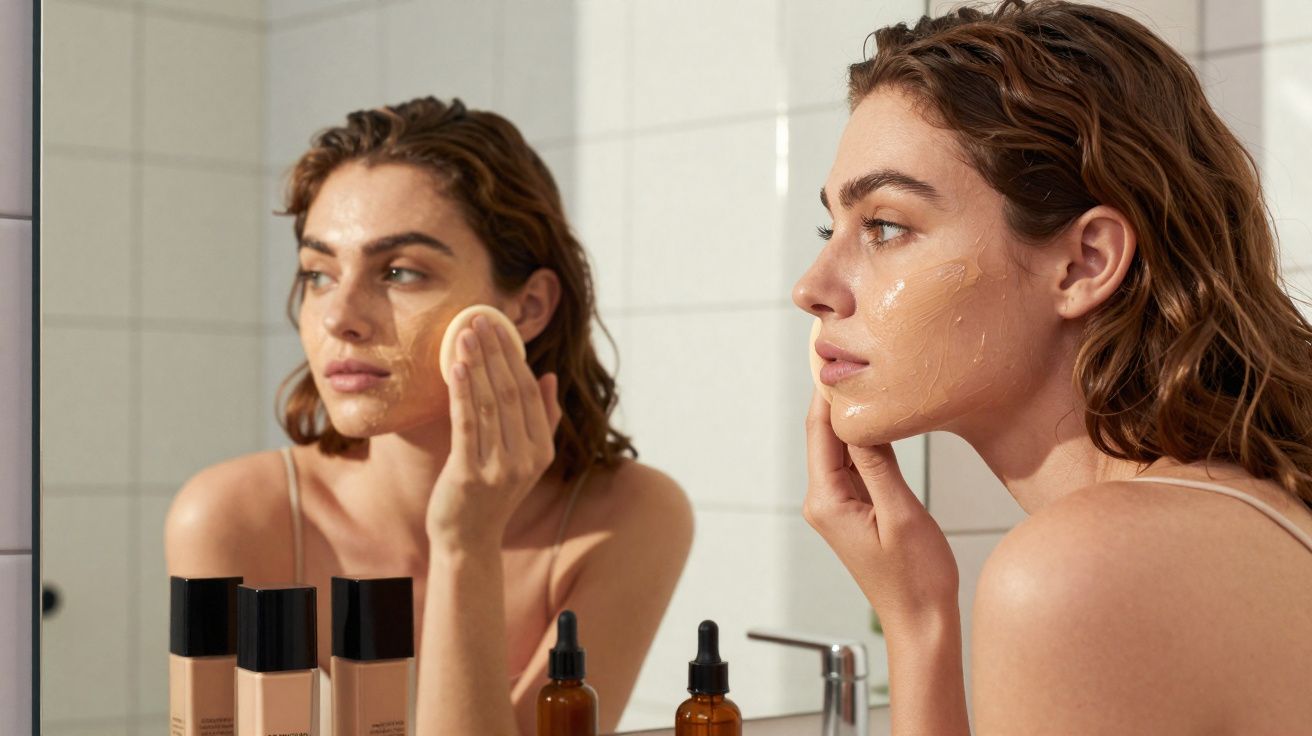 Kobieta nakłada krem lub podkład na twarz przed lustrem w łazience.