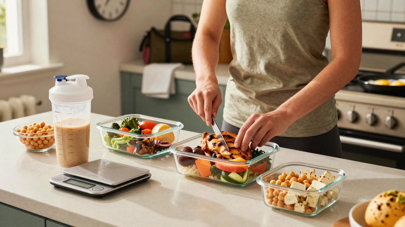 Osoba przygotowująca zdrowy posiłek z kurczakiem i warzywami w szklanych pojemnikach na blacie kuchennym.
