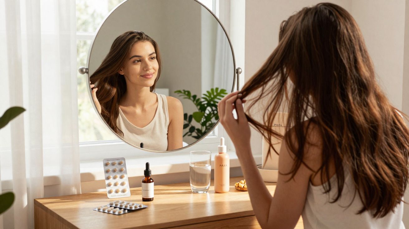 Młoda kobieta sprawdza włosy podczas porannej pielęgnacji przy lustrze w jasnym pokoju.