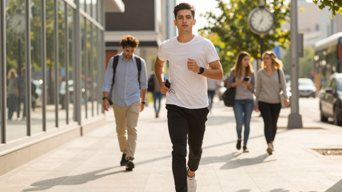 Młody mężczyzna biegnący po chodniku w mieście, za nim idą trzy osoby spacerujące po ulicy.
