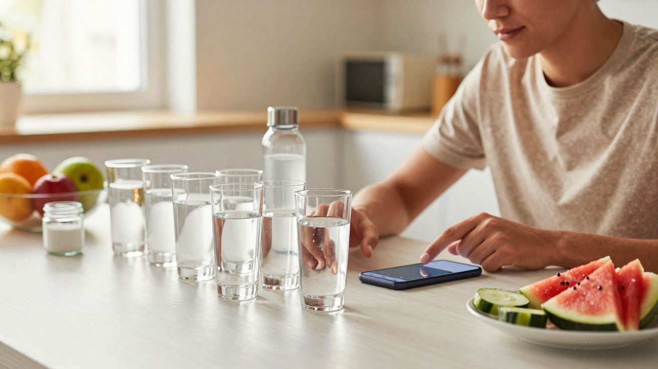 Osoba siedzi przy stole z kilkoma szklankami wody, talerzem z owocami i używa smartfona.