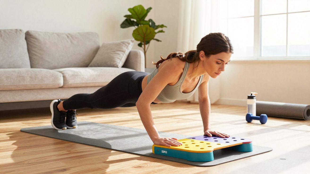 Kobieta wykonująca pompki na macie do ćwiczeń w jasnym salonie z rośliną i sofą w tle.