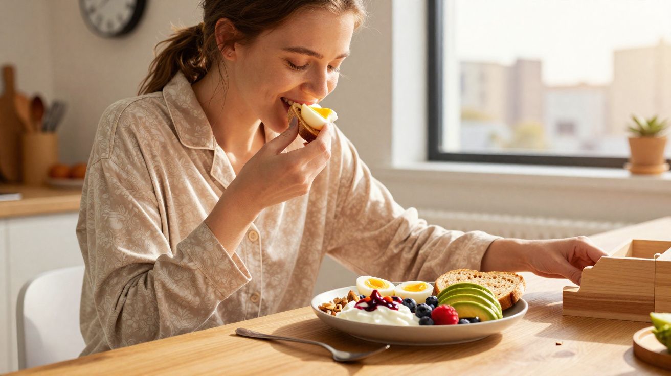 Kobieta w pidżamie je jajko na twardo przy stole z owocami, jogurtem i pieczywem w jasnej kuchni.