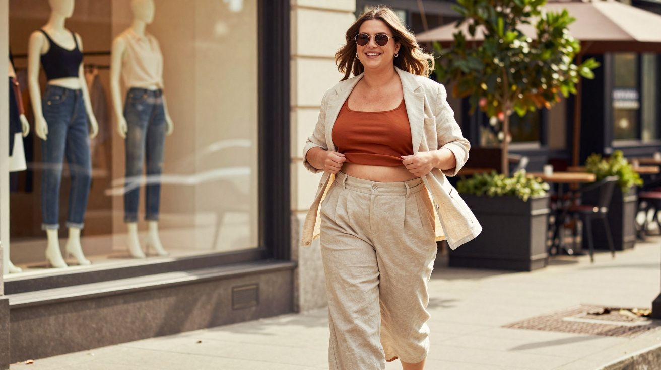 Uśmiechnięta kobieta w beżowym garniturze i okularach przeciwsłonecznych idzie ulicą obok sklepu.