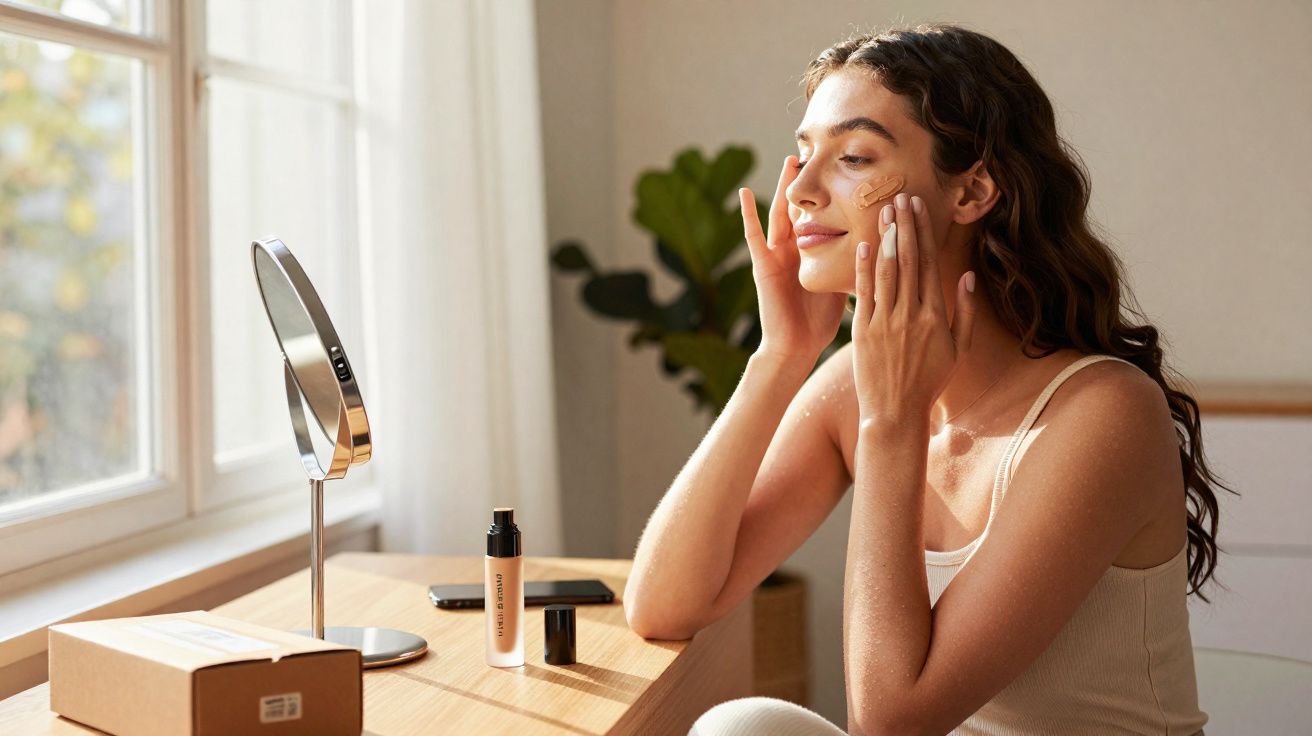 Kobieta nakłada podkład na twarz siedząc przy toaletce z lustrem i kosmetykami w jasnym pokoju.