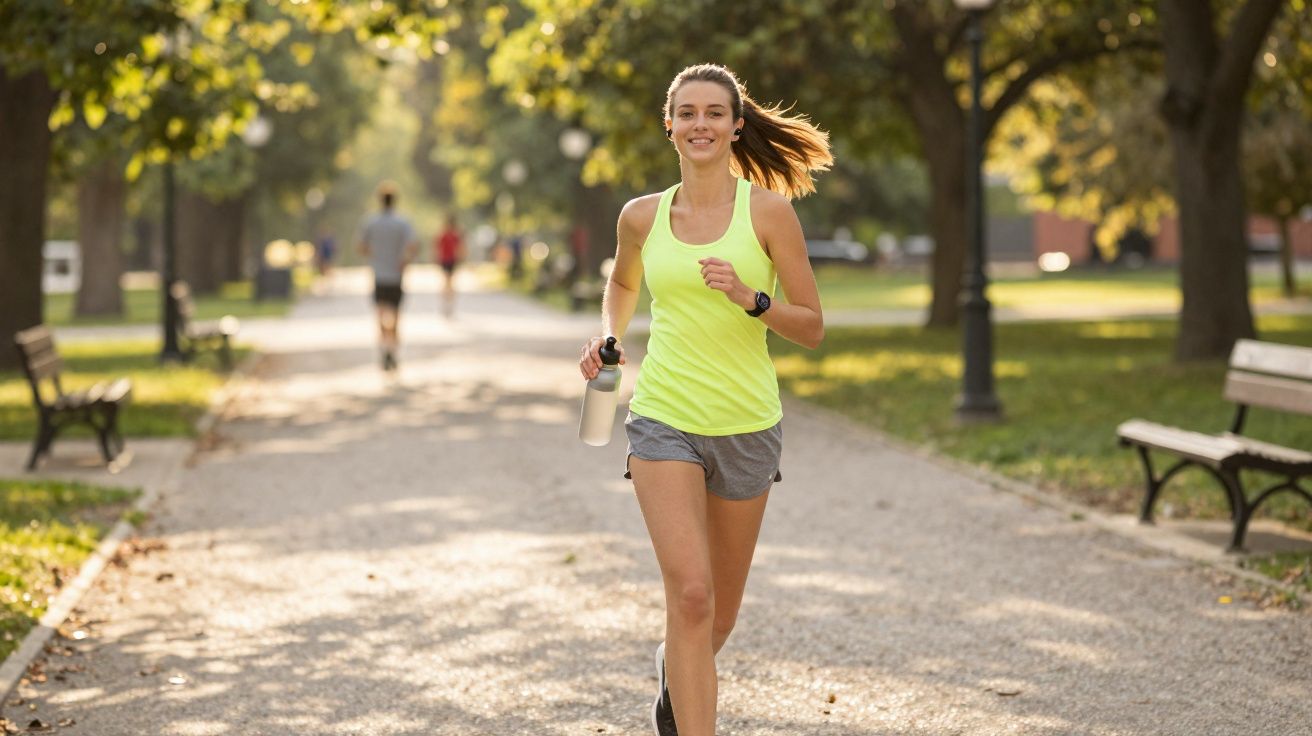 Młoda kobieta w sportowym stroju biegnie z bidonem po parku w słoneczny dzień.
