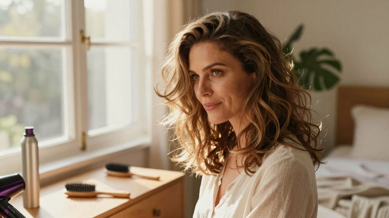 Kobieta z rozpuszczonymi, falującymi włosami siedzi przy oknie w jasnym pokoju z meblami i suszarką do włosów.