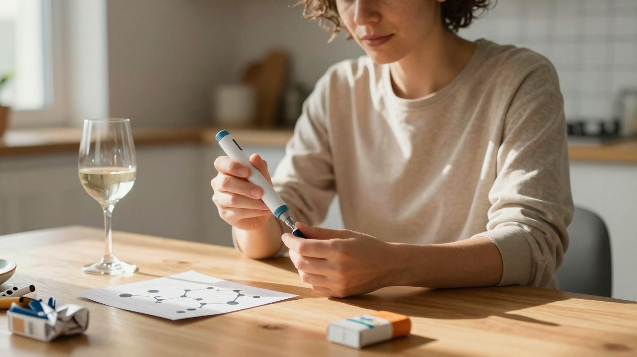 Kobieta sprawdzająca poziom cukru we krwi glukometrem przy stole w kuchni.