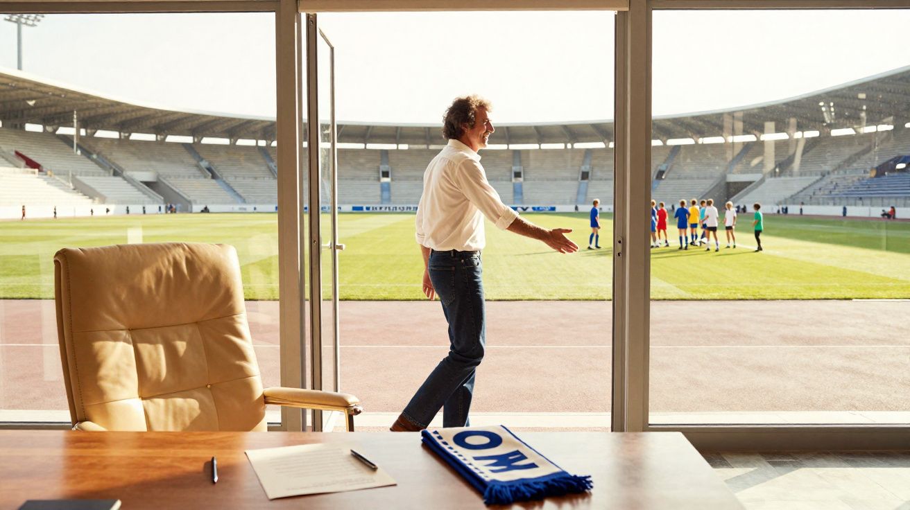 Mężczyzna w białej koszuli idzie wzdłuż szklanej ściany stadionu piłkarskiego, obok biurka.
