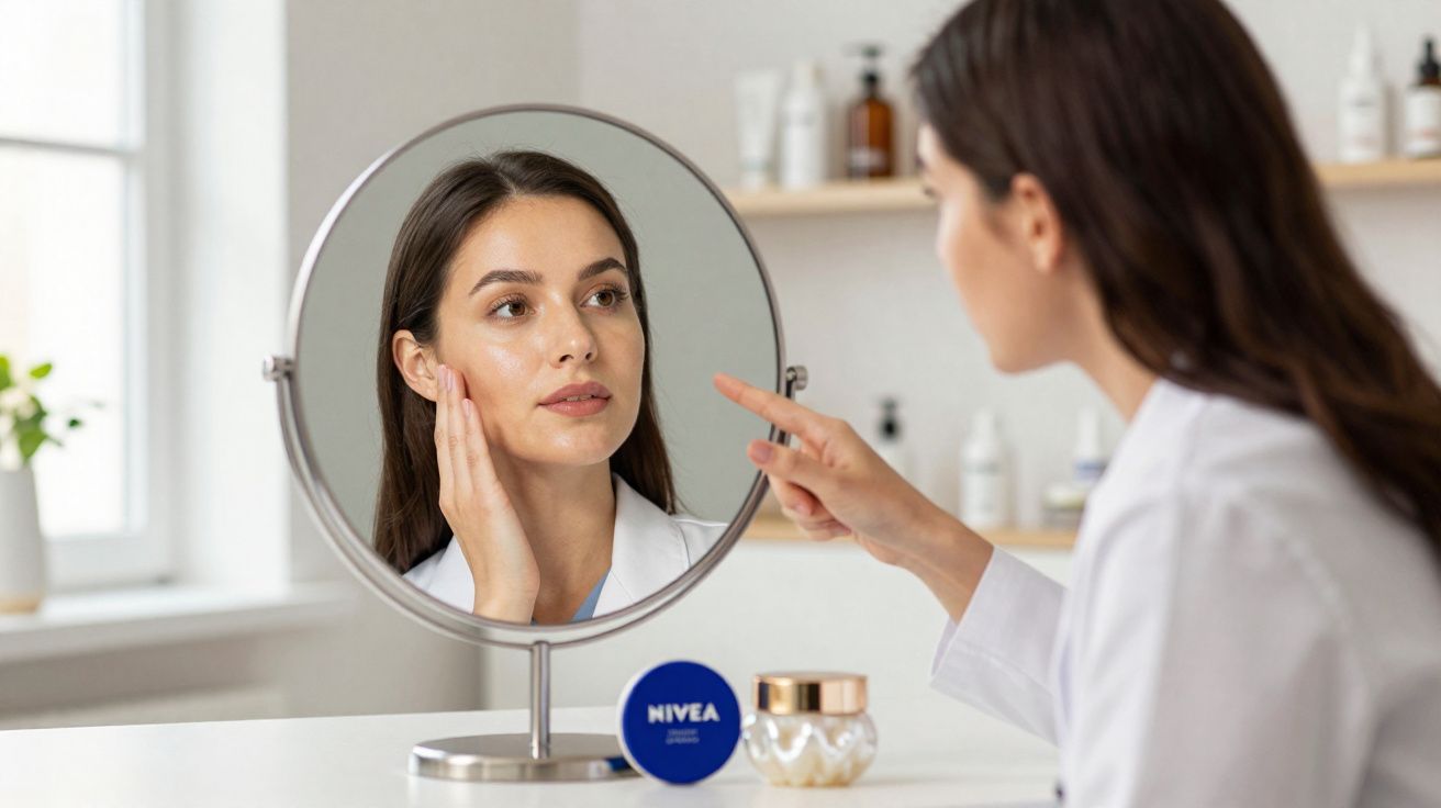 Kobieta sprawdza cerę w lustrze, na stole krem Nivea i kosmetyki do pielęgnacji skóry.