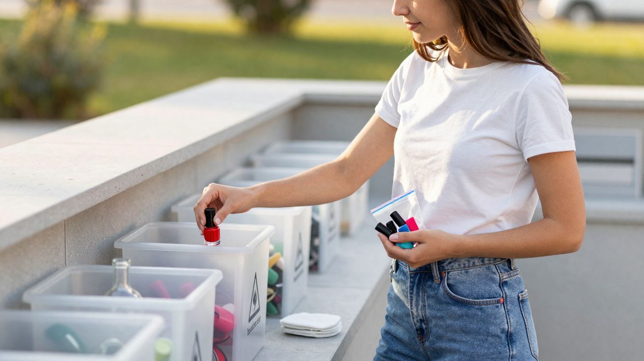 Kobieta sortująca lakier do paznokci do pojemnika na odpady segregowane na zewnątrz.