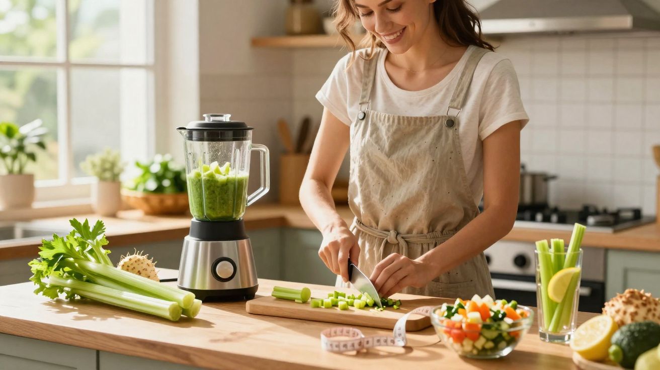 Kobieta kroi seler naciowy w jasnej kuchni z blenderem i zdrowymi przekąskami na blacie.