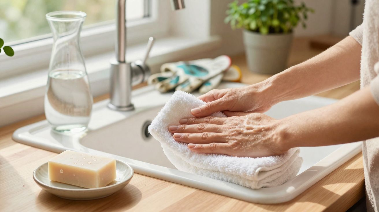 Osoba suszy białą ściereczką zlew kuchenny przy oknie z kranem i mydłem.