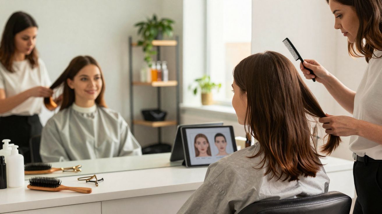 Kobieta wybiera fryzurę u fryzjera, oglądając przykładowe uczesania na tablecie przed lustrem.