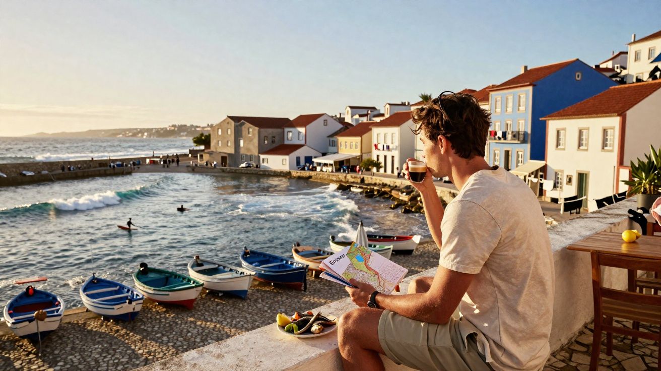 Mężczyzna siedzący nad morskim portem z mapą i kawą, w tle kolorowe domy i łodzie na wodzie.