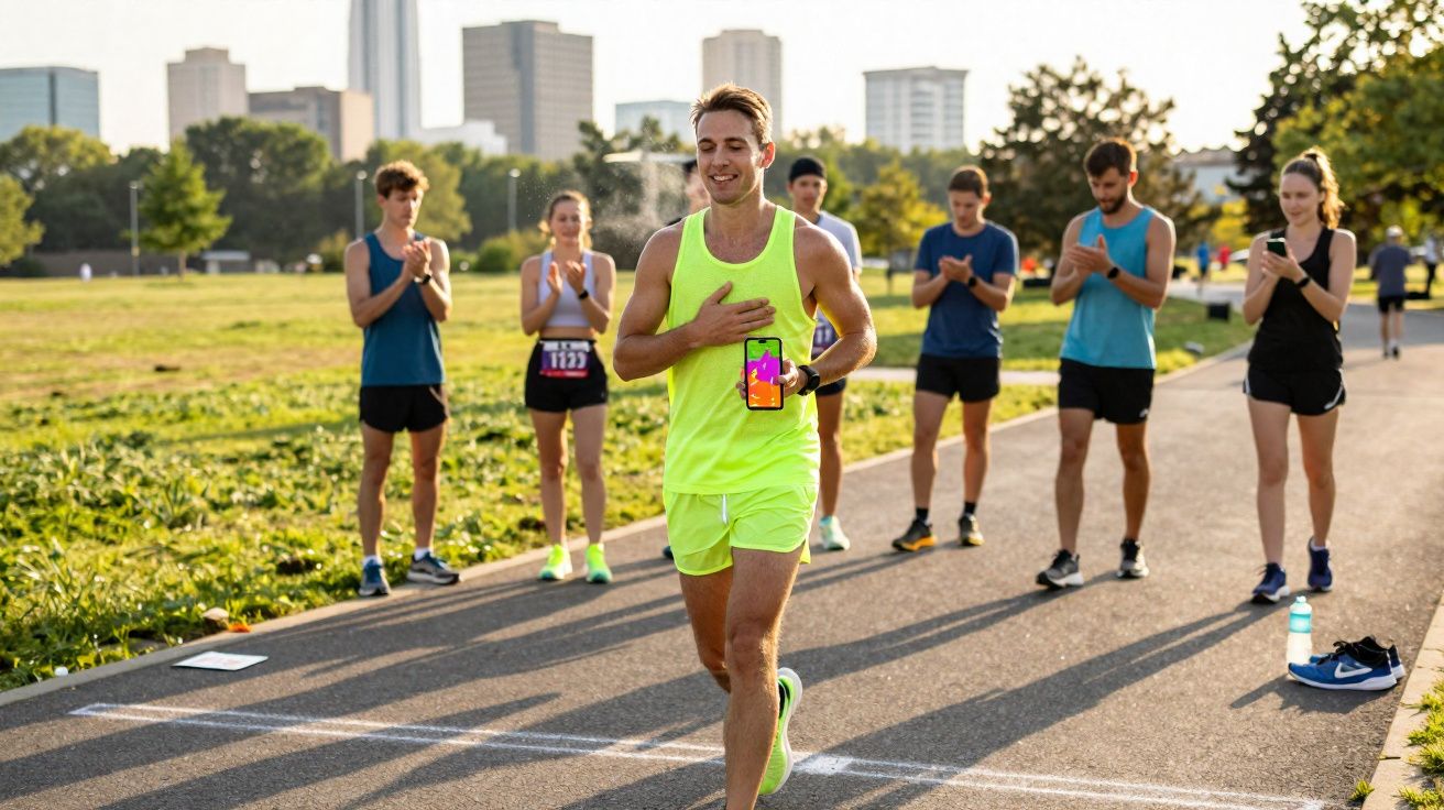 Mężczyzna w żółtym stroju biegnie, a grupa ludzi na zewnątrz klaszcze i kibicuje na tle miasta.
