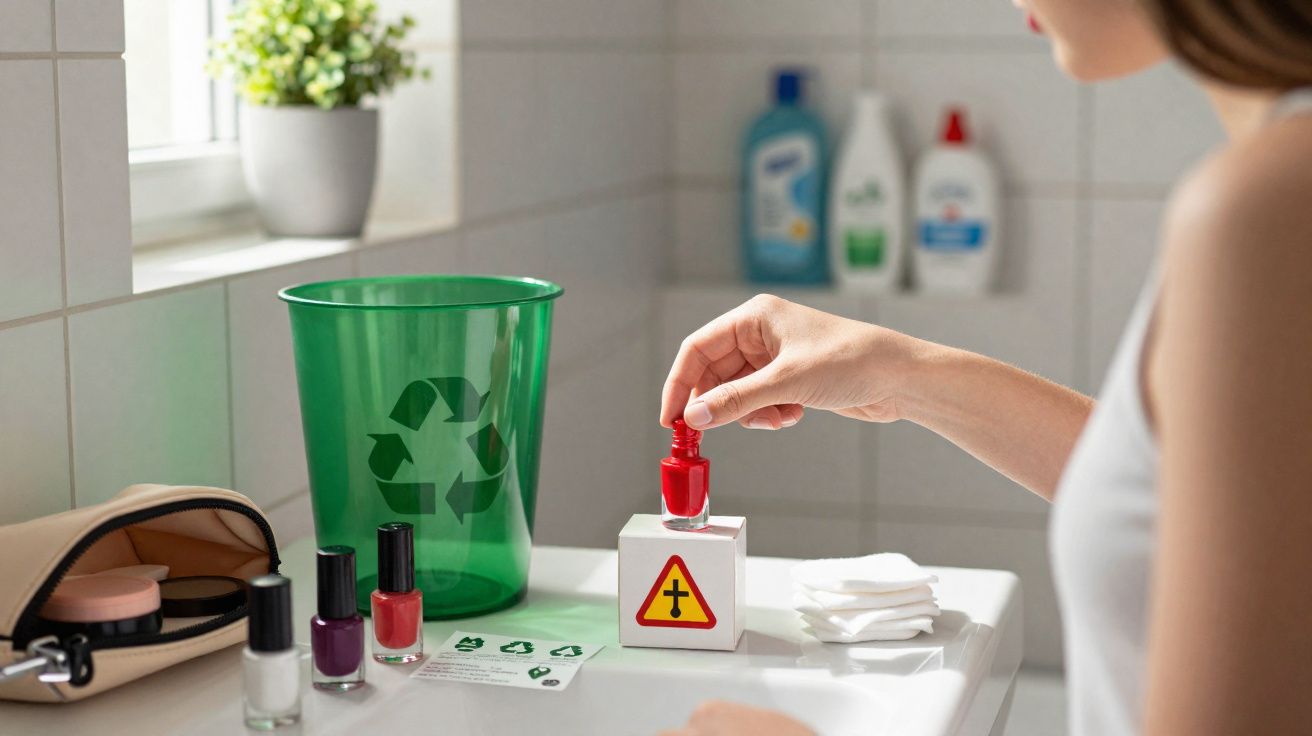 Kobieta segregująca butelkę po lakierze do paznokci przed zielonym koszem z symbolem recyklingu w łazience.
