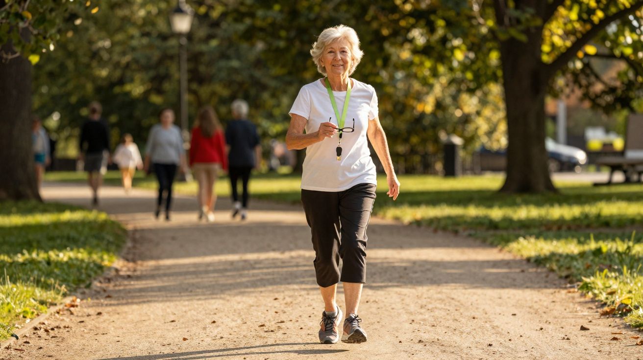 Starsza kobieta spaceruje po parku w słoneczny dzień, uśmiechnięta i ubrana sportowo.