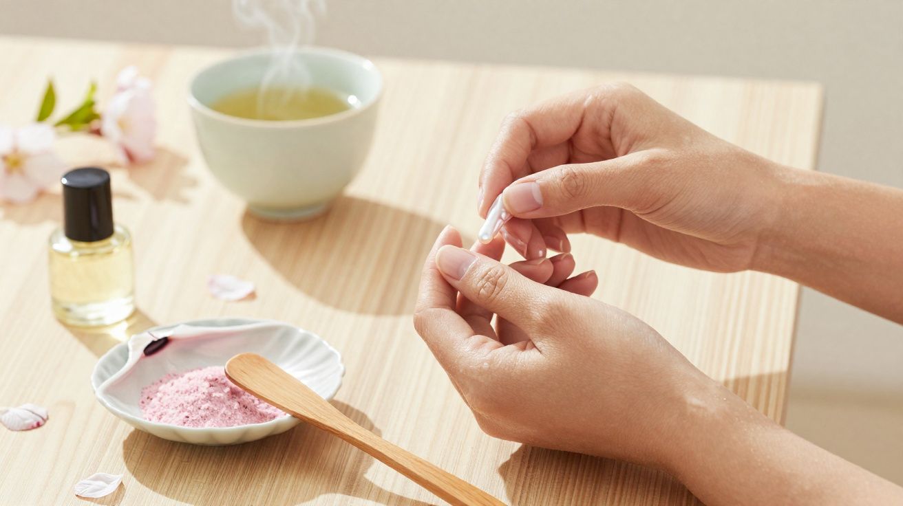 Dłonie trzymające kapsułkę, obok miseczka z różowym proszkiem, olejek i parująca herbata na stole.