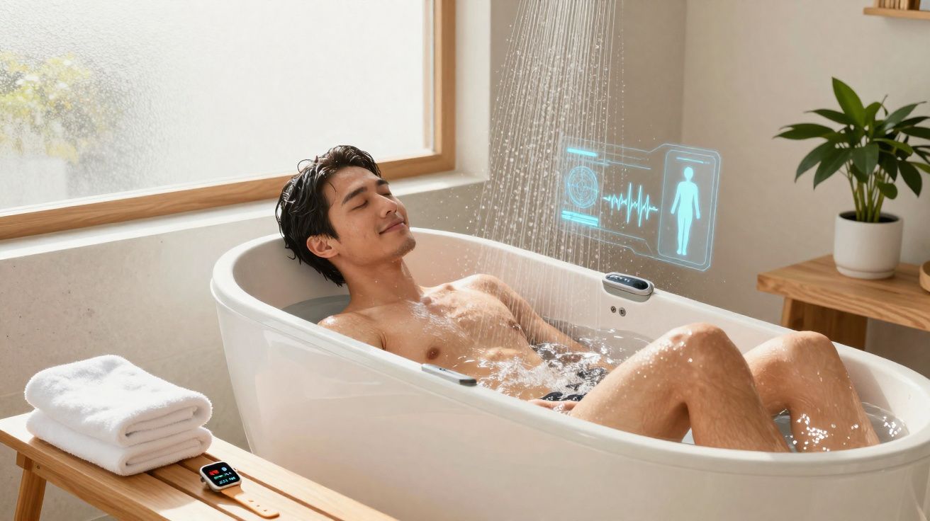 Mężczyzna relaksujący się pod prysznicem z inteligentnym wyświetlaczem zdrowia i smartwatch na ławce obok.