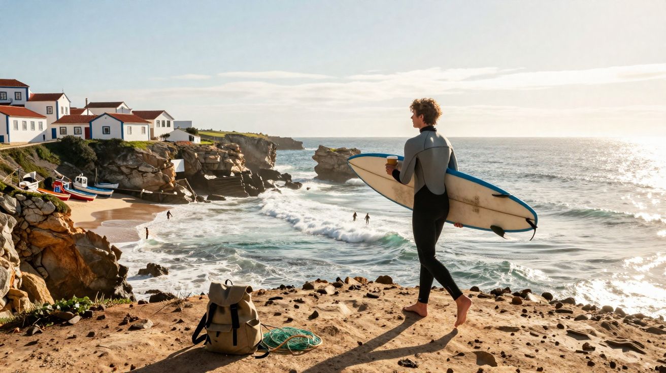Mężczyzna w skafandrze z deską surfingową stoi na klifie i patrzy na fale oceanu przy skalistej plaży.
